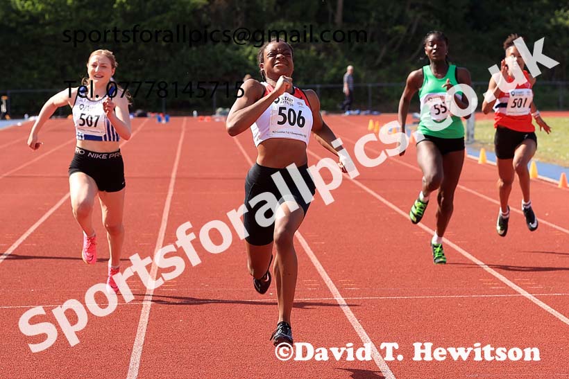 Womens under-17s 100 metres, 2025 North Eastern Track and Field Champs., Shildon, County Durham. Photo: David T. Hewitson/Sports for All Pics